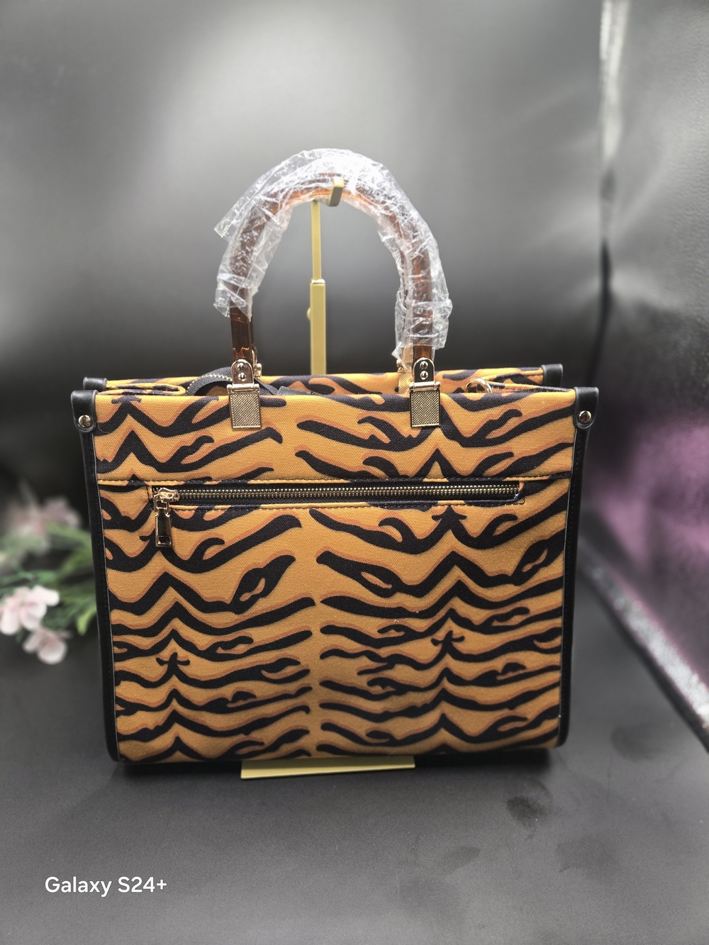 Tiger-Print Structured Shoulder Bag in Orange and Black
